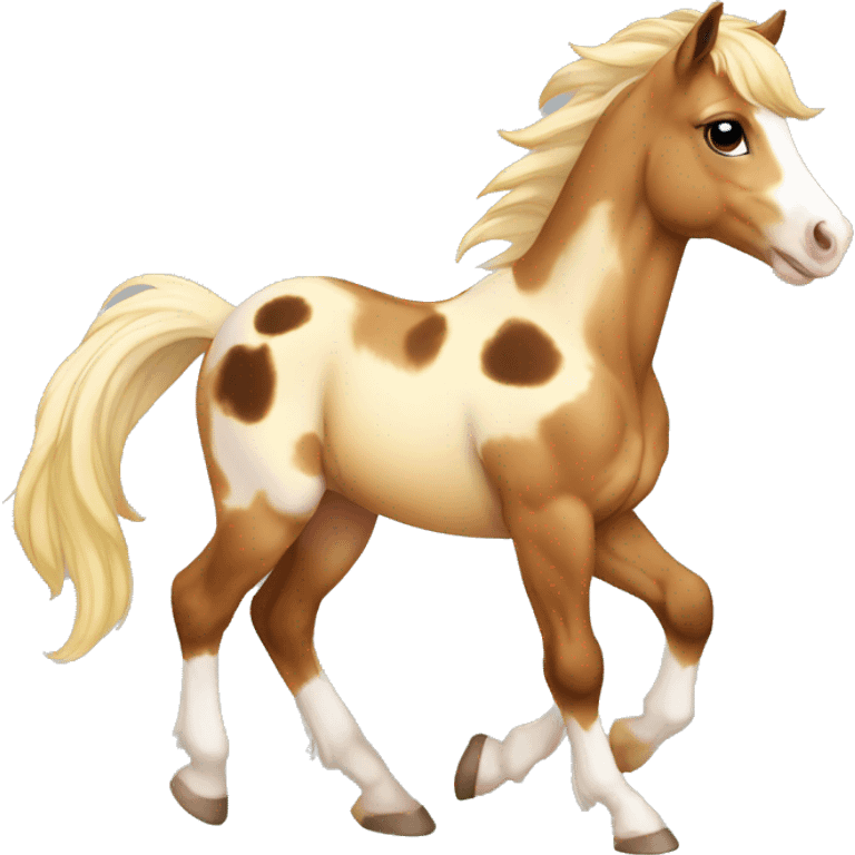 Piebald tricolor palomino yellow brown horse foal with dark brown spots baby running emoji