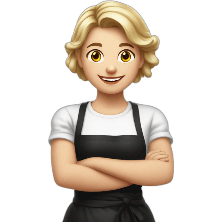 Slavic girl in a white T-shirt and black apron waves her right hand and smiles emoji