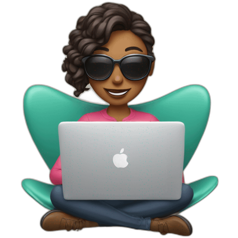 woman with funny sunglasses and a laptop with a coffee sticker in it emoji