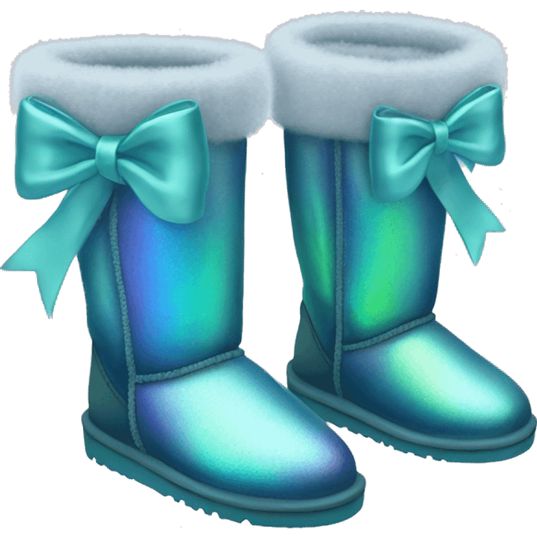 Pair of iridescent Ugg fur boots with ribbon bows. emoji