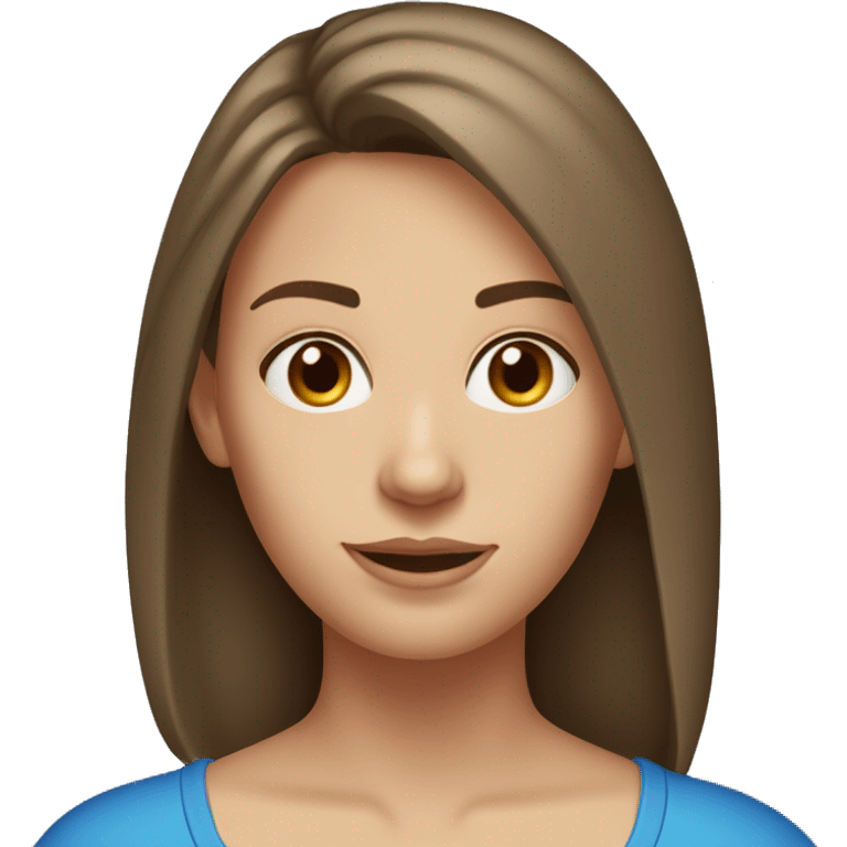 A head and shoulders shot of a 32 year old Caucasian woman, with straight brown hair,   with blue eyes wearing a t-shirt. emoji