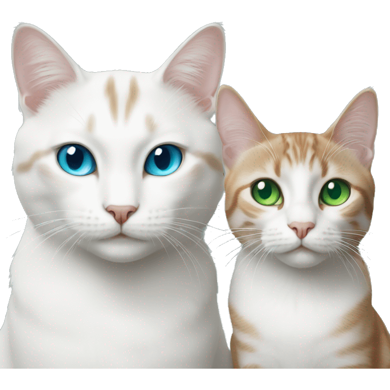 white cat with blue eyes and tabby cat with green eyes emoji