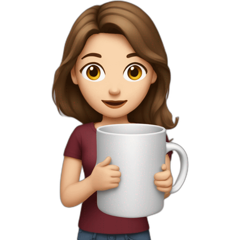 girl with brown hair, burgundy shirt with a large mug in her hand emoji