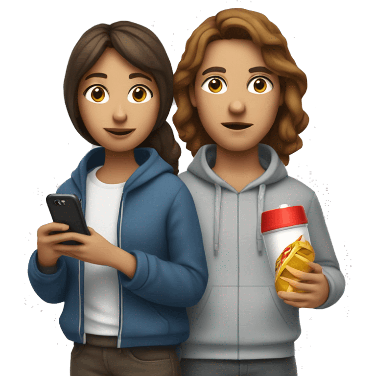 woman with brown hair holding an inhaler and fast food standing beside a man with a hoodie on holding his phone  emoji