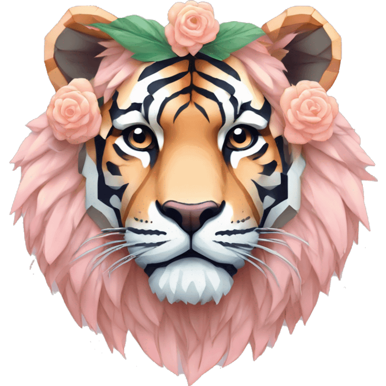 Pixel art of a pixel pink peach beige blue cream pastel pixel tiger pixel lion wearing tropical flowers and leaves, flower crown, floral, pixel emoji