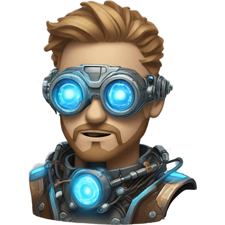 Male cyborg head with light brown hair, light brown beard, blue glowing steampunk goggles, circuits, wires  emoji