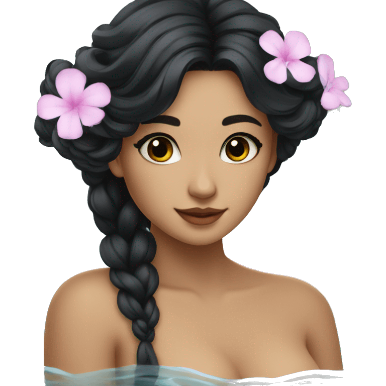 Pretty young Lady with black hair flowers surrounded by flowing water emoji