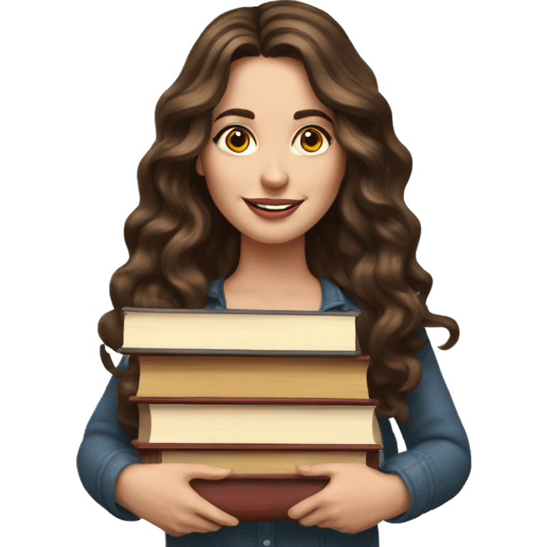 white woman brunette long wavy hair highlights woman while holding large stack of books emoji