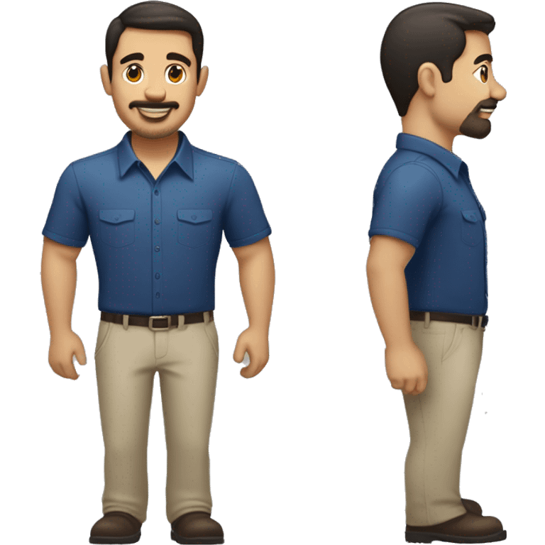  emoji of a man with short dark hair, clean-shaven, goatee and mustache.  wearing a formal button-up dark blue shirt,  smiling  with a smartwatch on his wrist.  resemble professional attire. smaller eyes  emoji