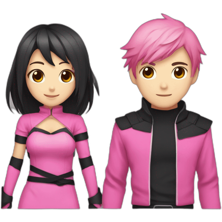 cute anime girl with pink ninja clothing and a pretty face along side a man ninja with black clothing and holding hands emoji