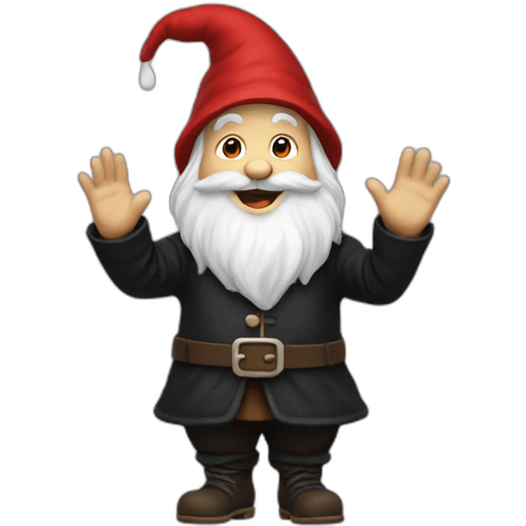 gnome waving hey in black clothing excitedly emoji