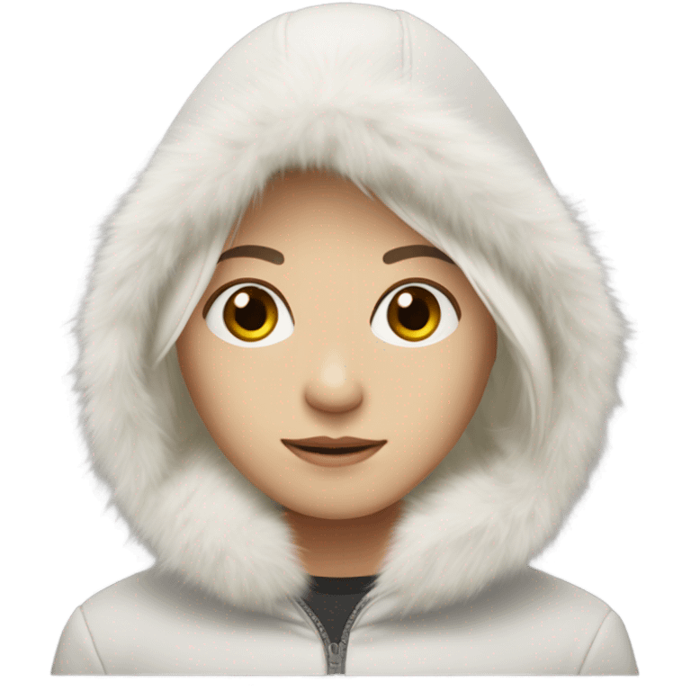 White-skinned hair with hazel eyes and dark long straight hair wearing a fur hood emoji