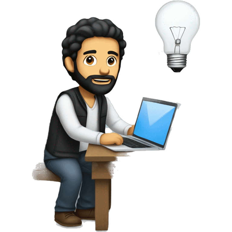 A Musliman man with black hair, and beard working on a laptop with a lightbulb above his head emoji