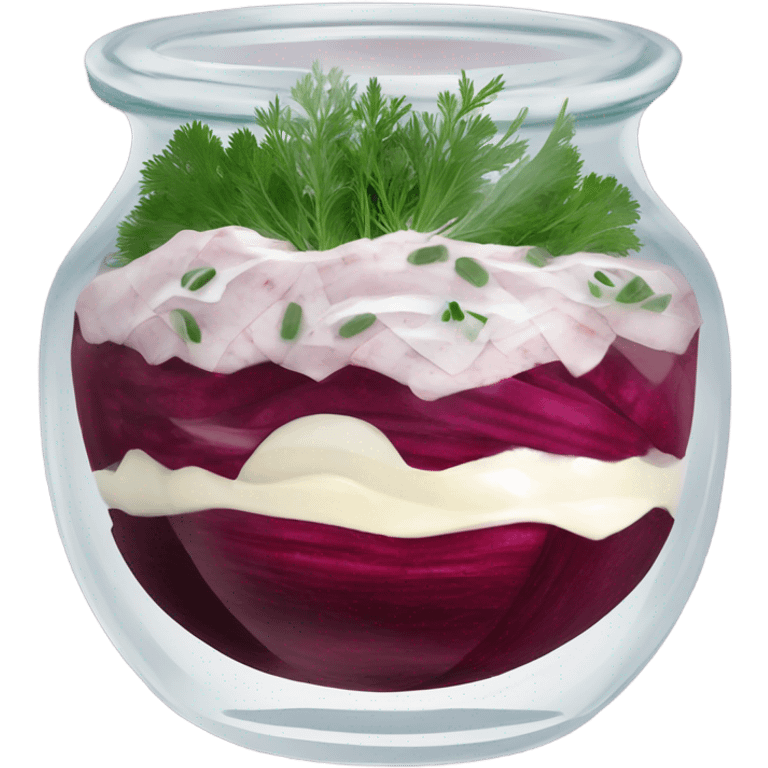 Shuba russian Layered Beet dish  with Herring and mayonnaise in Crystal bowl, dill on top  emoji