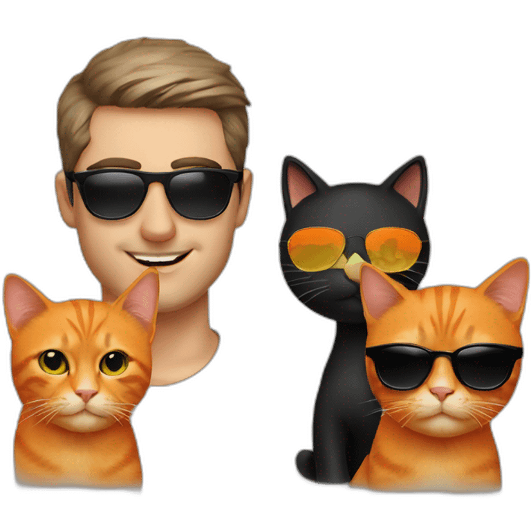 polish man in sunglasses holding one orange cat and one black cat emoji