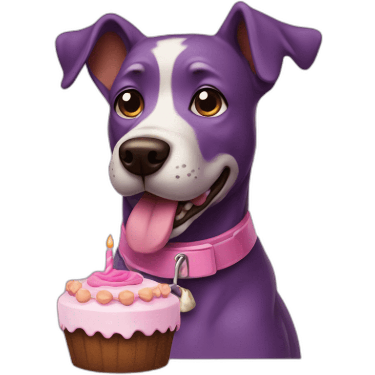 a purple dog with a brown nose and a pink collar with a bone eat cake emoji