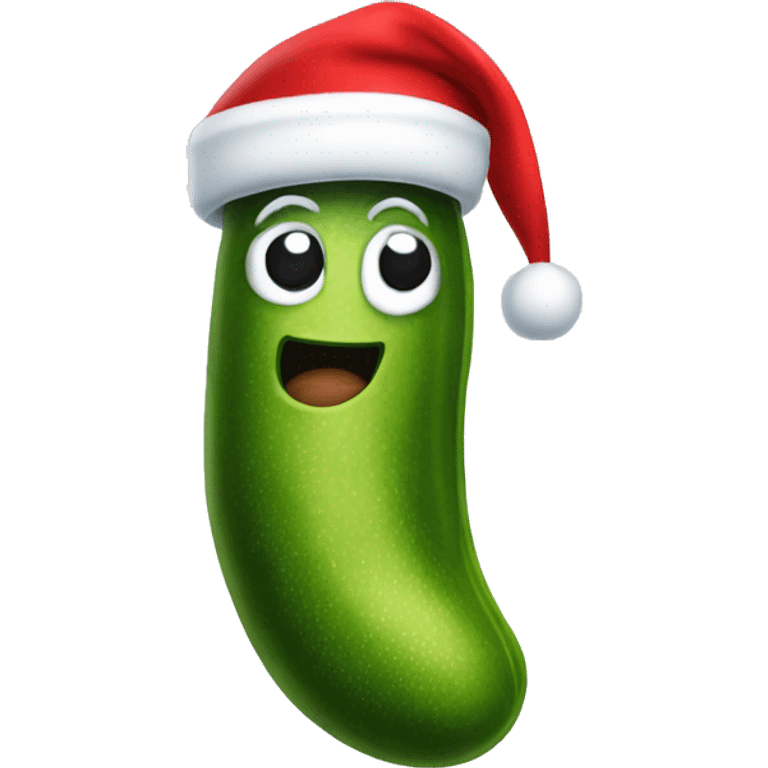 A big Christmas dill pickle wearing a Santa hat emoji