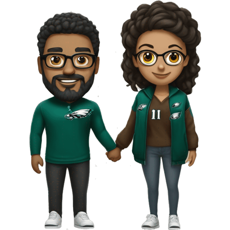 Brown guy with beard mustache and brown girl with glasses and her hair in a bun in Philadelphia eagles clothes holding hands emoji