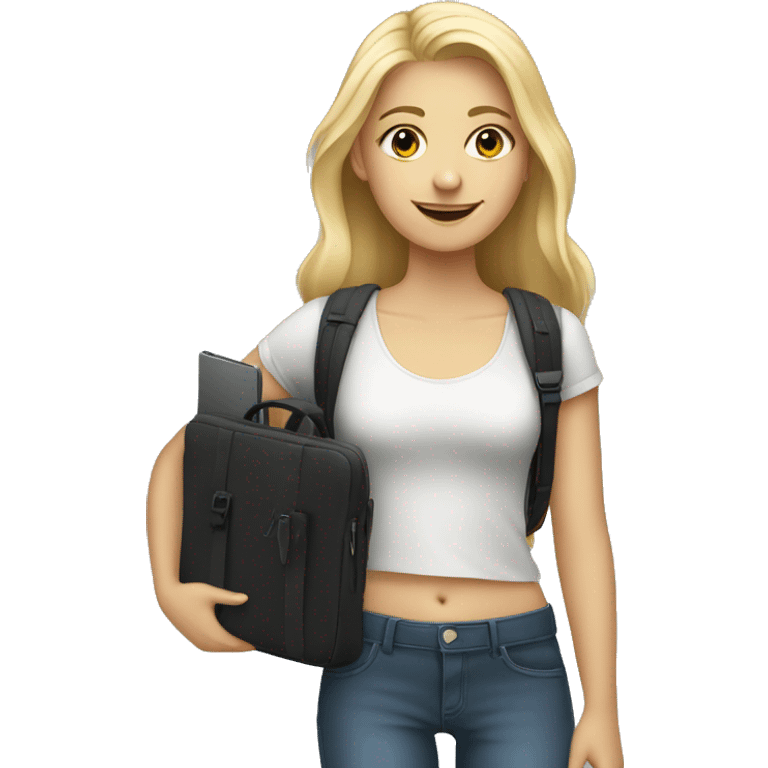 A tall blonde teenager, 17 years old, holding a laptop bag emoji