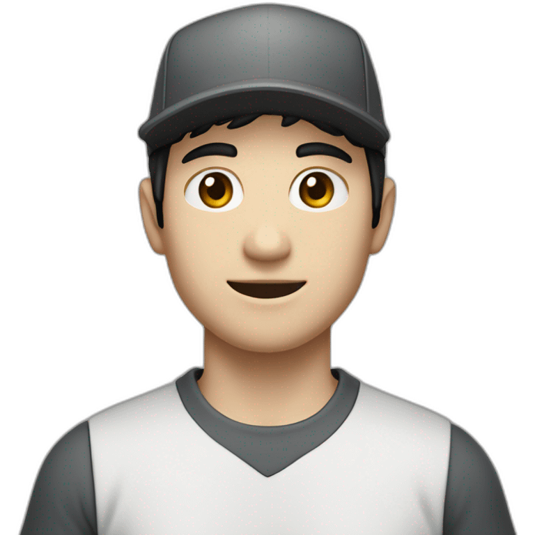 Pale skinned Man with black hair in a white cap and dark gray polo T-shirt with a box into his hands emoji