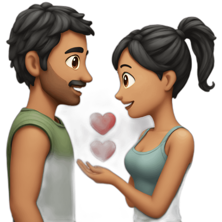 Man loves woman with pigtails, heart between them emoji