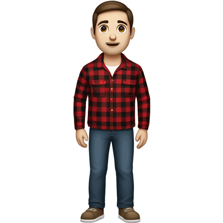 Man with straight brown hair and brown eyes wearing red and black buffalo plaid pjs. White skin. Full body. emoji