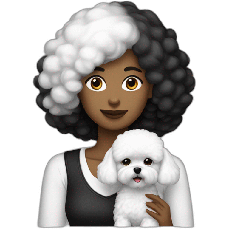 mujer pelo largo negro y perro bichon blanco emoji