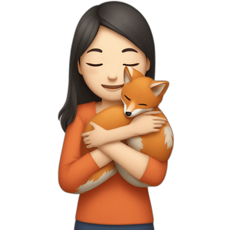 Young Asian woman hugging a fox emoji