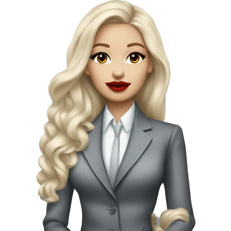 Russian Blonde long hair with big red lips small nose and black eyes Tiffany diamond seller in a grey suit emoji