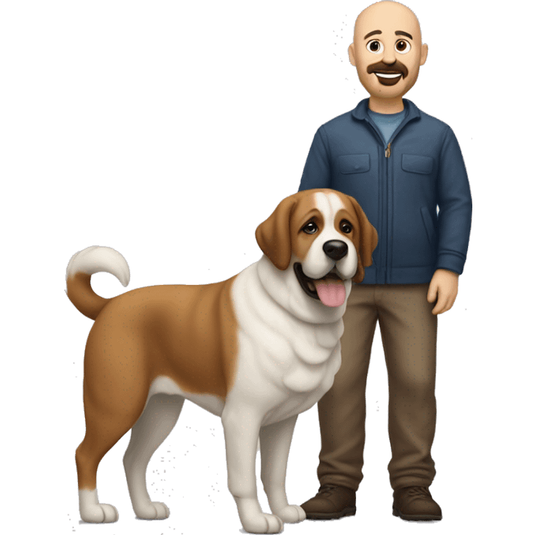 A 50 year old bald man with a short beard and his big Saint Bernard dog emoji