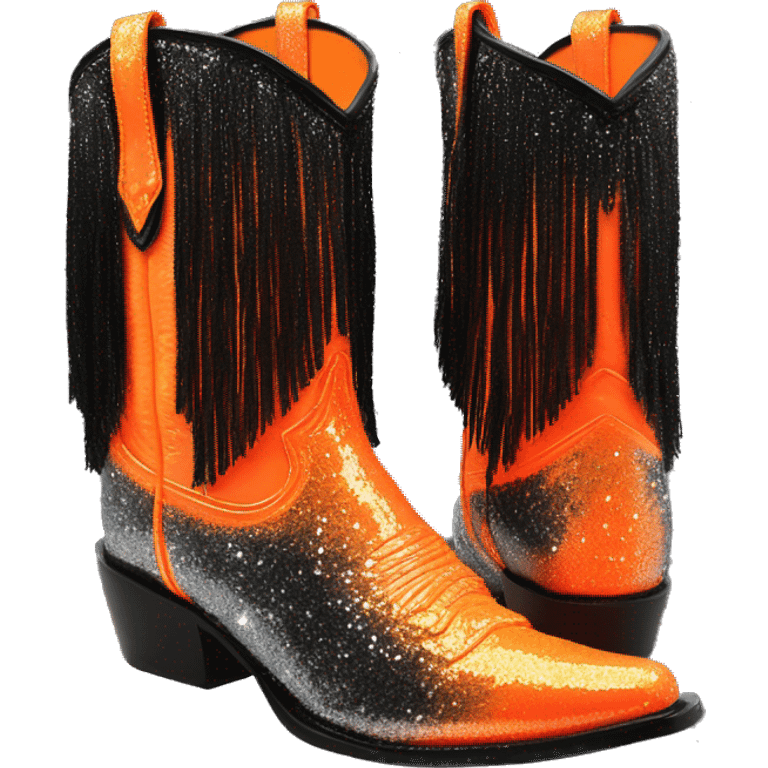 Realistic short neon Orange to black ombre fashion cowgirl boot with sparkly shiny glitter fringe on them. emoji