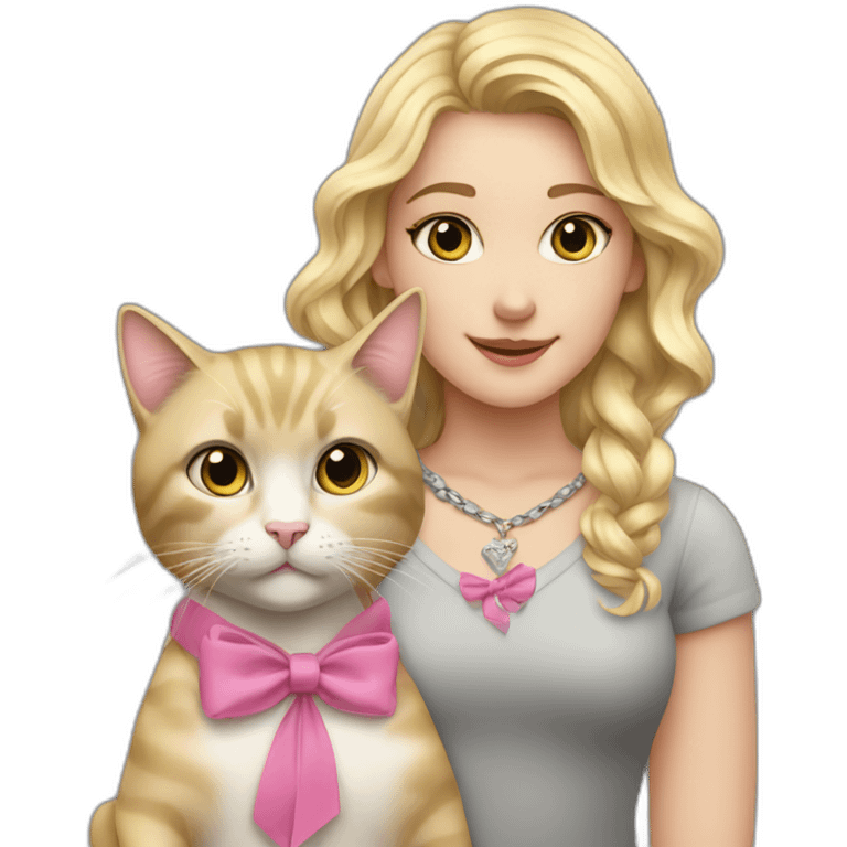 Blonde wavy girl with a grey cat that has a pink bow in her necklace emoji