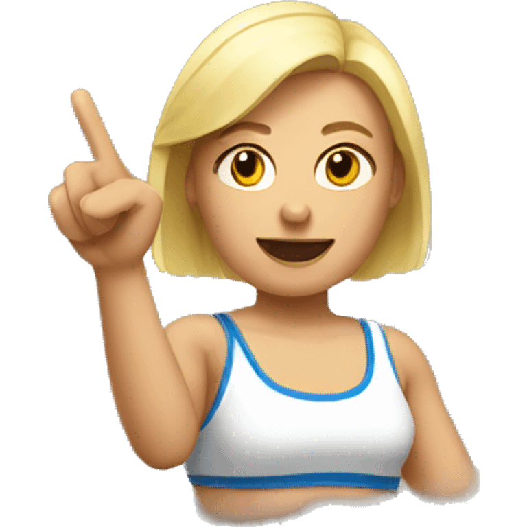 blonde woman in sport top raising her hand hello emoji