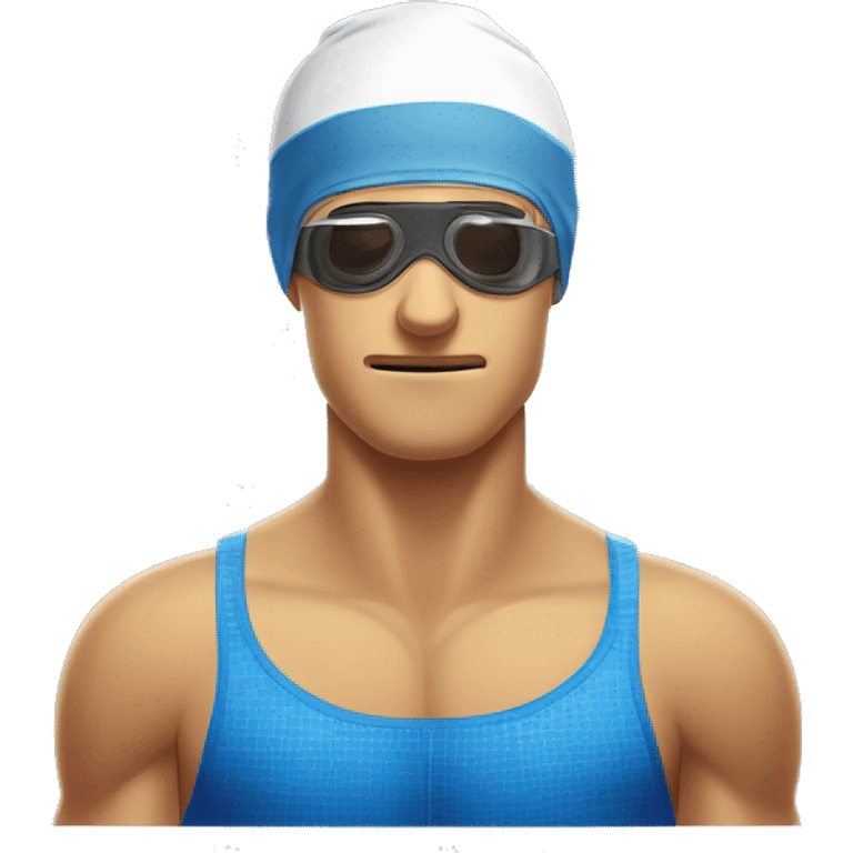 Tired and unsatisfied swimmer after his workout in the swimming pool. Swimmng googles on and swimming cap emoji