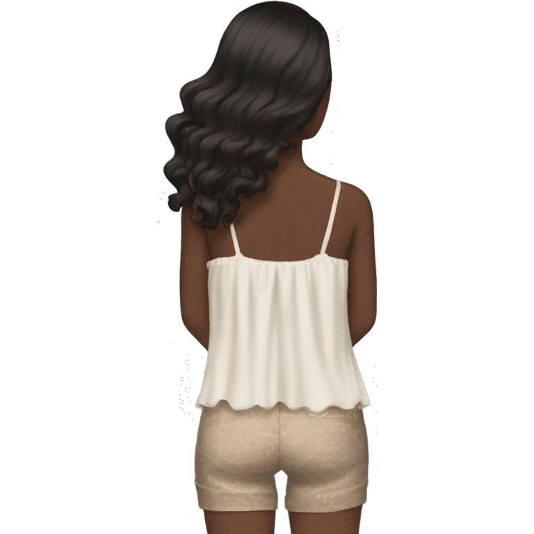 the back side of a brown women, with black hair, wavy long hair,  beach outfit emoji