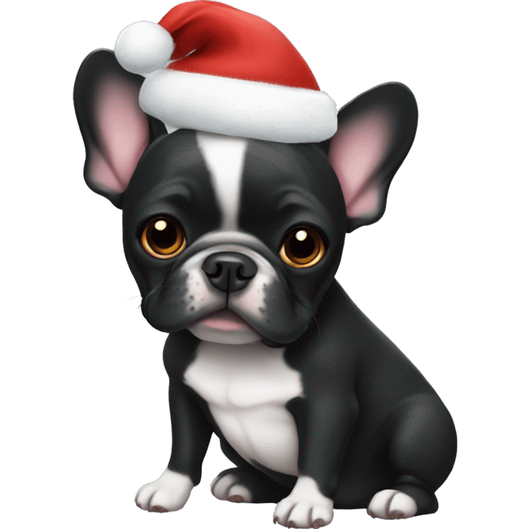 Black French bulldog wearing a Christmas hat emoji