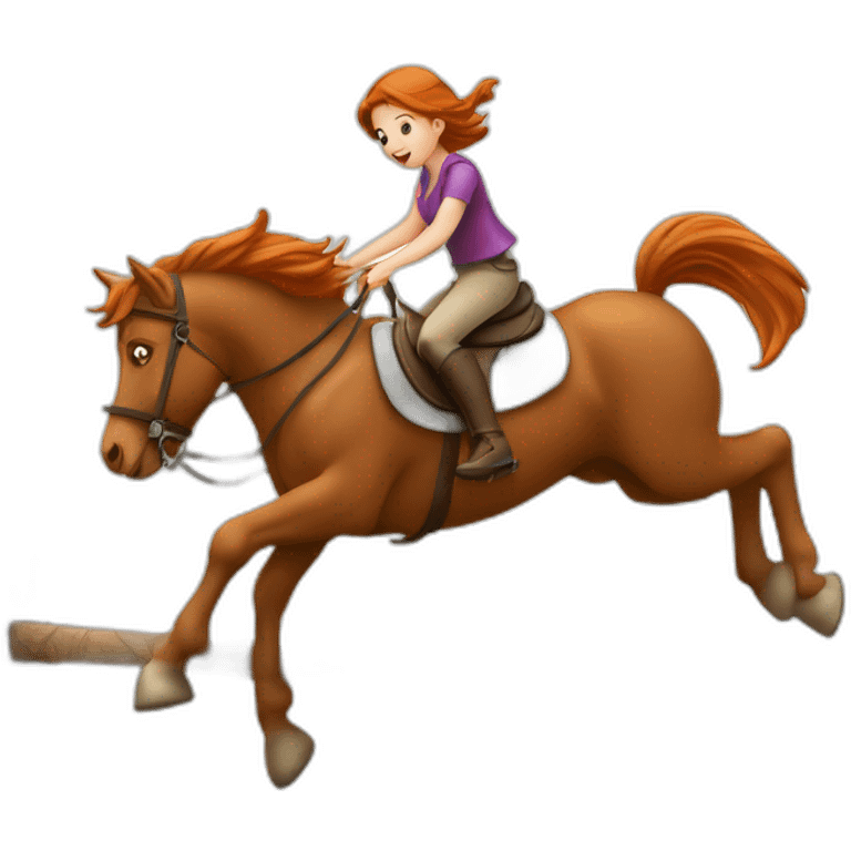 Fille rousse sur un cheval qui saute un obstacle emoji