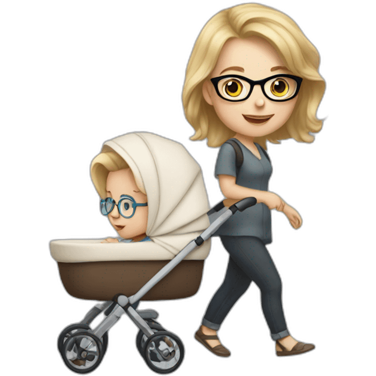 White women with brown hair and glasses pushing buggy with blonde baby emoji