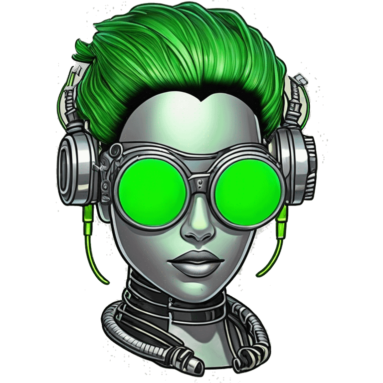 Neon green bobbed hair Latina female cyborg head with silver steampunk goggles and circuits emoji