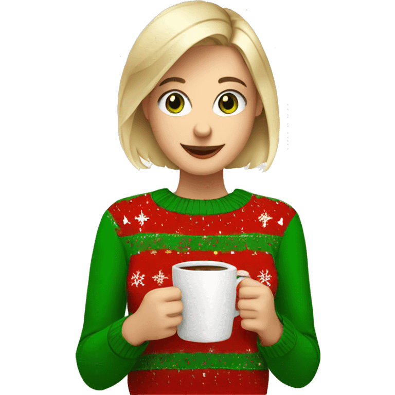 Short haired blonde girl with green eyes drinking coffee wearing Christmas sweater emoji