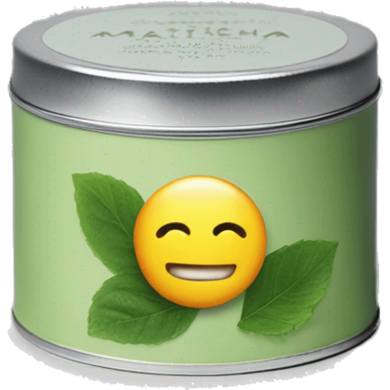 matcha scented candle in a silver tin with a small white label hyperrealistic emoji