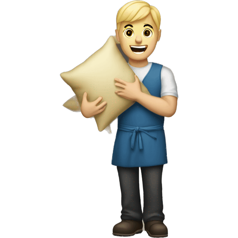 blonde man storekeeper holding pillows emoji