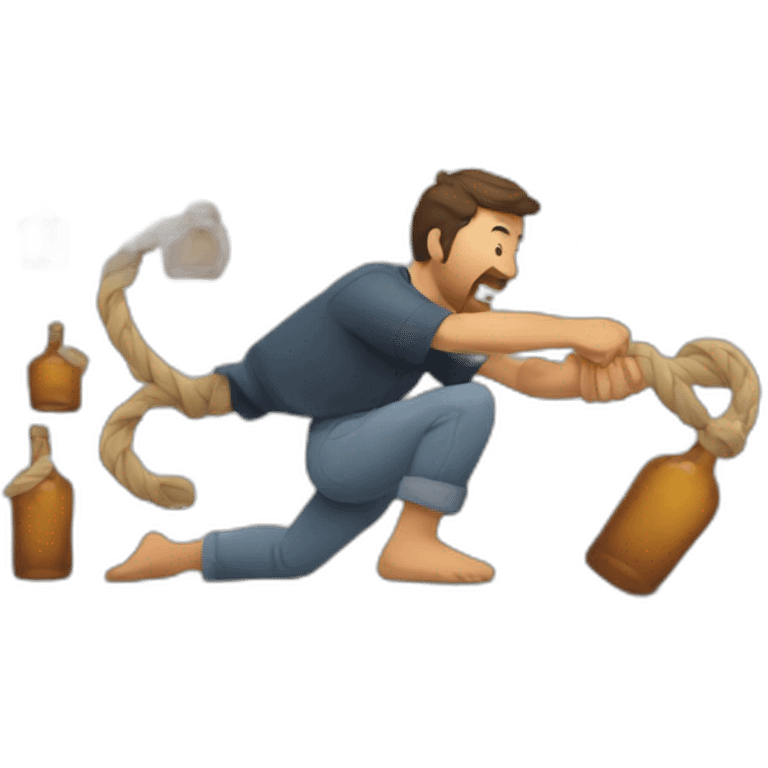 Man playing tug of war with a whiskey bottle emoji