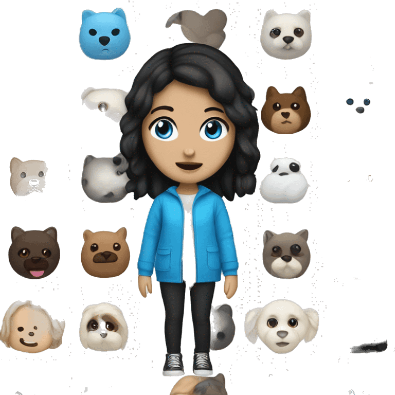 white Girl with black hair and blue eyes playing with plushy emoji