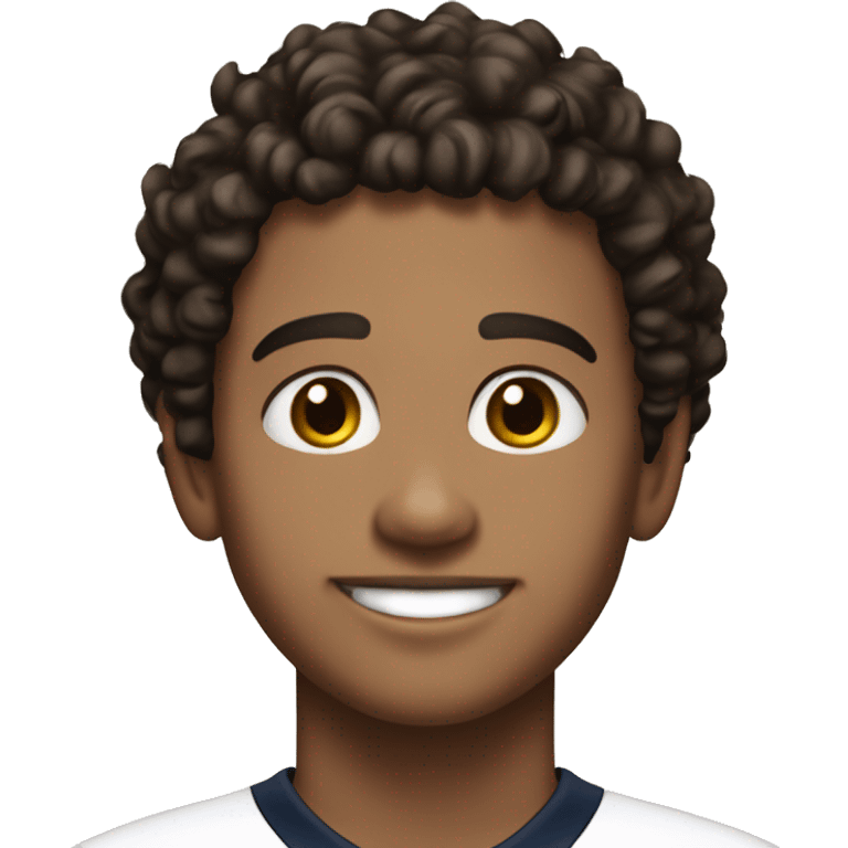 Boy, 20 years old, dark brown hair, hair short and curly, brown eyes, has freckles, smiling, wearing a white jersey with a number 52 emoji