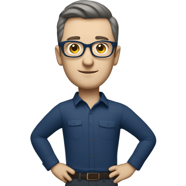 caucasian white man with dark hair, blue glasses, and carrying design plan because he is an architect and a pencil and a set model maquette. wearing a navy blue long sleeve shirt. smart.  emoji