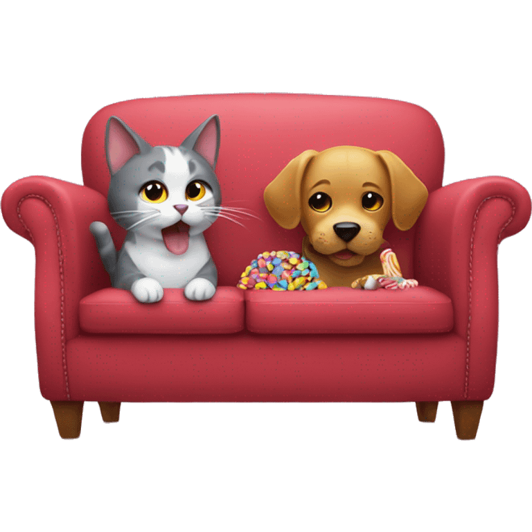 Cat and dog eating candy on a couch emoji