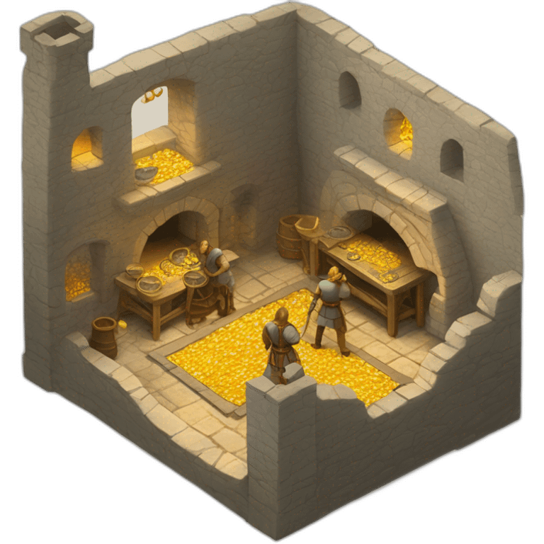 open floor plan of a medieval mint showing different people working, one person on the furnace, some people molding liquid gold into coins emoji