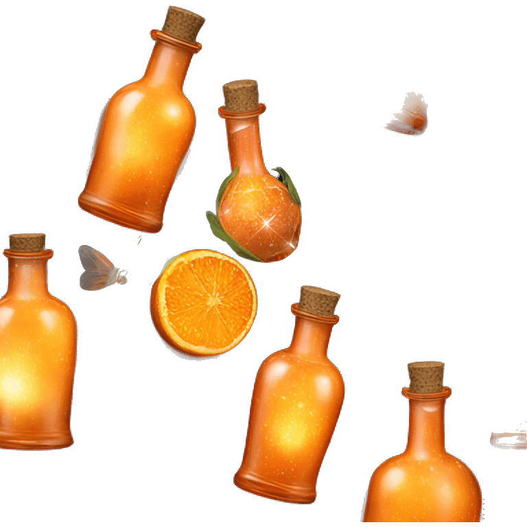 Orange magic fairy light sparkling old Antique bottle with poison and with herbal and flowers emoji