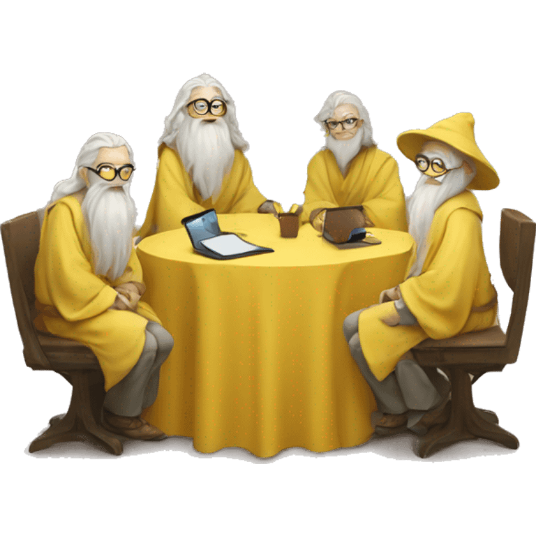 group of gandalfs, round yellow table, yellow clothes, glasses, macbooks emoji